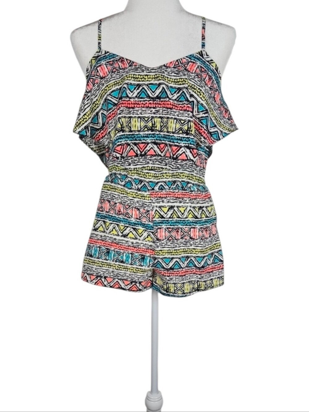 80s Print Romper Retro Colorful Shorts Cami Geometric Multi Teal Coral Print, XL